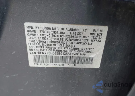 2014 Honda Pilot Ex-L from USA, damaged, VIN 5FNYF3H58EB013588
